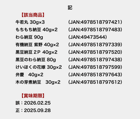 記 【該当商品】牛若丸 30g×3(JAN:4978518797421)・もちもち納豆 40g×2(JAN:4978518797483)・わら納豆 90g(JAN:49473544)・有機納豆 紫野 40g×2(JAN:4978518797339)・黒豆納豆2P 40g×2(JAN:4978518797520)・黒豆のわら納豆 80g(JAN:4978518797438)・けいほくの花嫁 30g×2(JAN:4978518797599)・弁慶 40g×2(JAN:4978518797643)・木の芽煮納豆 30g×2(JAN:4978518797612) 【賞味期限】誤:2026.02.25 正:2025.09.28